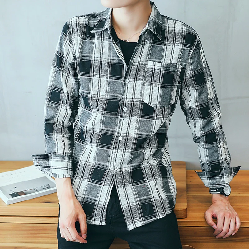 

2023 Plaid Long Sleeve Shirts For Men Korean Fashion Slim Fit Youth Handsome Business Lovers Casual Shirt And Blouse