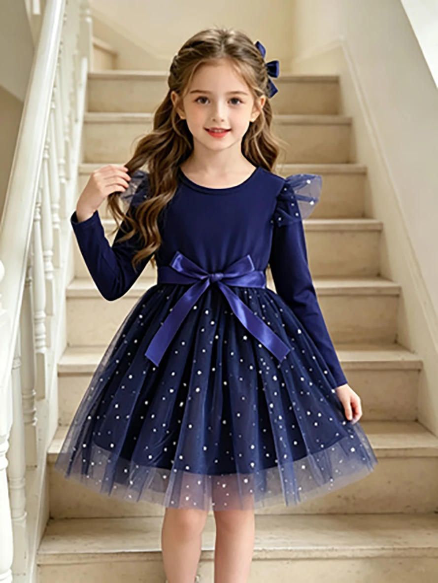 Marineblaues Strass-Tüll-Tutu-Kleid für Mädchen, A-Linien-Kleid im Prinzessinnenstil für Frühling und Herbst – Detail 5
