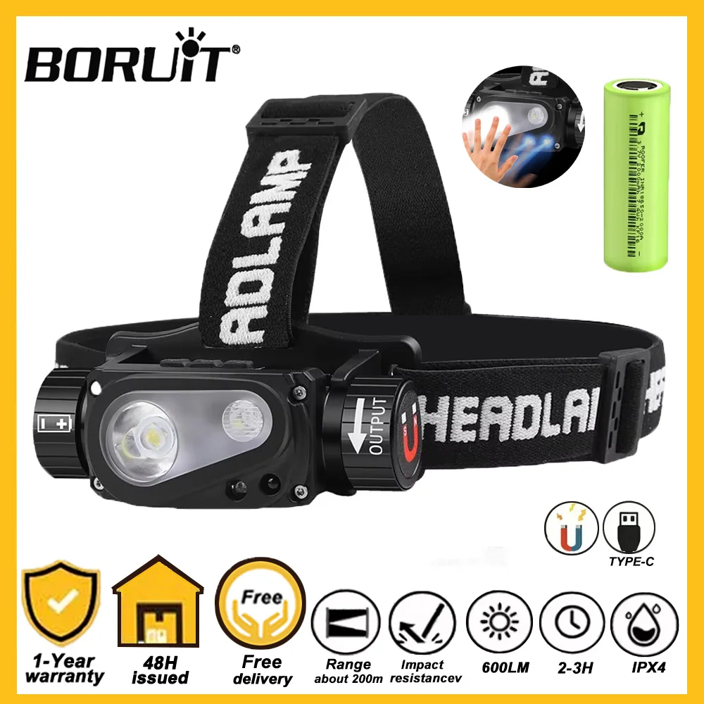 

Светодиодный налобный фонарь BORUiT, 3 режима, индукционная фара, аккумулятор 18650/21700, перезаряжаемый через Type-C, для ночной рыбалки, работы, кемпинга