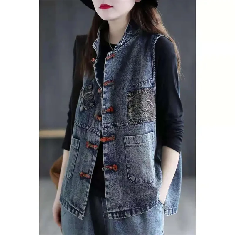 5XL Denim Vest Women\'s Hooded Sleeveless Jacket Spring Summer 2023 New Femme Korean Vintage Printed Patchwork Denim Waistcoat