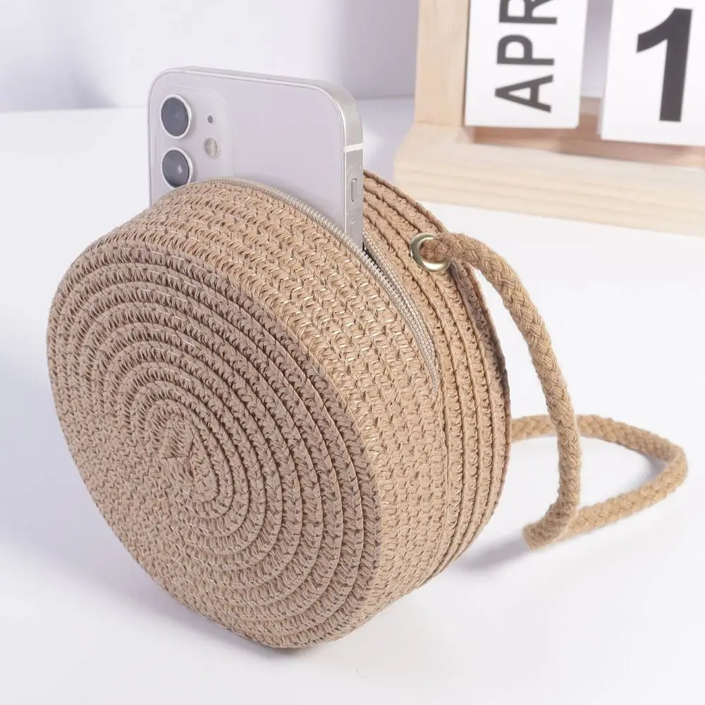 Mini Lace Bow Straw Bag Round Hand-woven Summer Beach Bag Zipper Lightweight Crossbody Purse