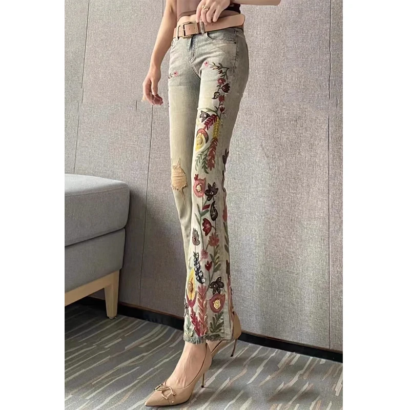 

Женские джинсы-клеш с высокой талией из хлопкового стрейч-денима, антимикробные, с тяжелой вышивкой и жемчужными элементами, весенняя мода 2026