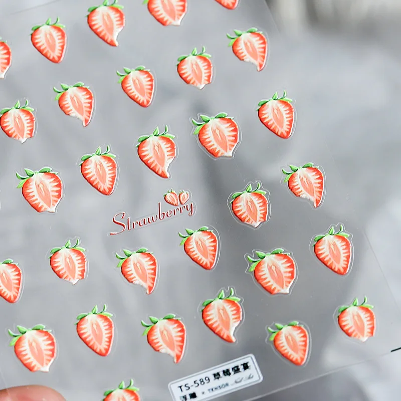 5D Summer Fruit Nail Art Stickers Cherry Orange Blossom Slider Cute Jelly Emboss Decal Dopamine Nail Art Decoration Decal