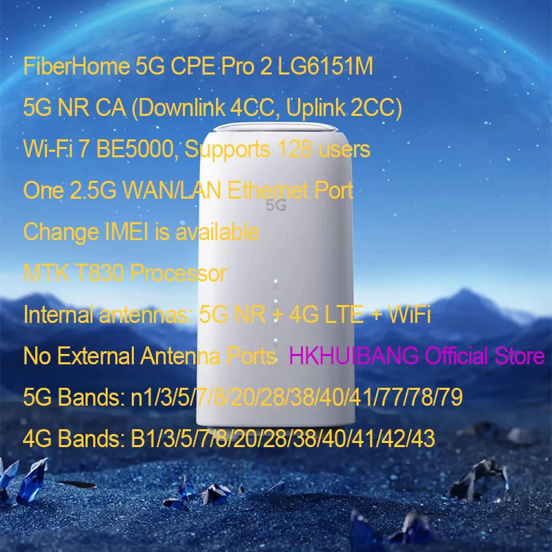 جديد FiberHome 5G CPE Pro 2 LG6151M WiFi 7 راوتر BE5000 2.5G منفذ إيثرنت 4G LTE Cat19 لاسلكي WiFi 5G + Sim Modem N79 3x3 MIMO