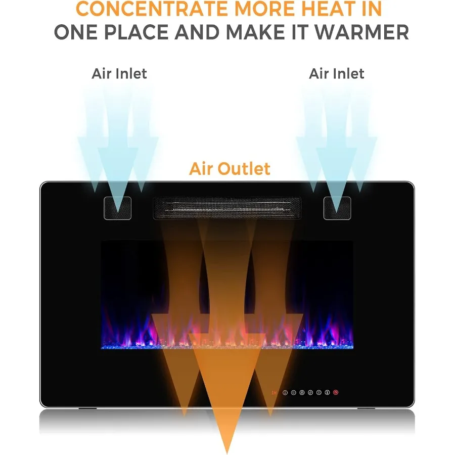 30 مدفأة كهربائية مثبتة على الحائط مع جهاز تحكم عن بعد، مؤقت 18 ساعة، واجهة شاشة تعمل باللمس 12 لهب قابل للتعديل S