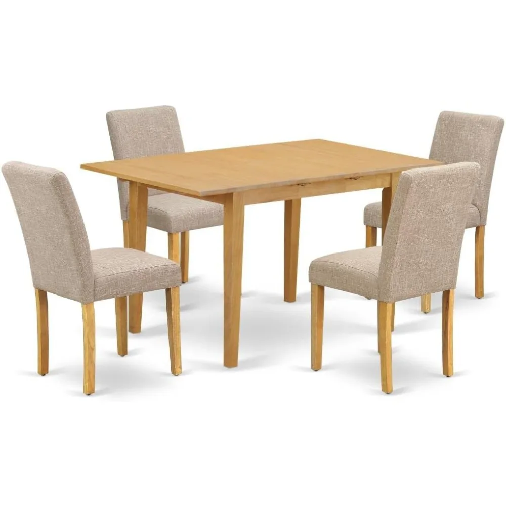 The 5-piece cutlery set includes a rectangular dining table with butterfly leaves and 4 chairs upholstered in light brown linen