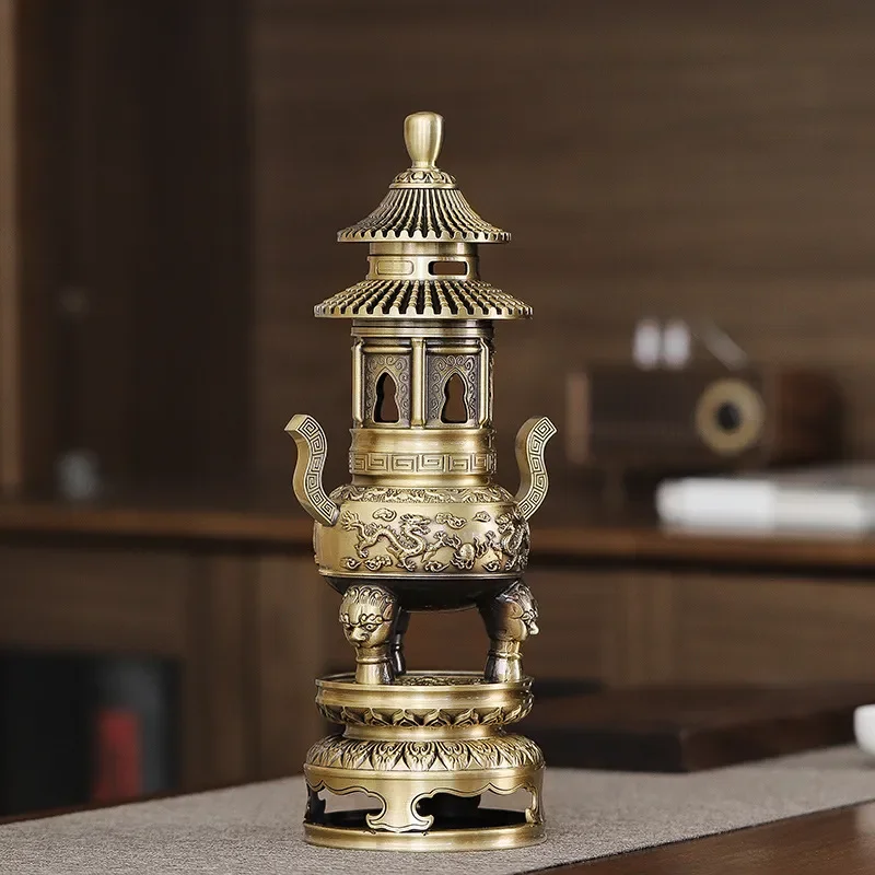 Vintage Brass Incense Burner Tower Style Desktop Ornament Pure Copper Handicraft Home Decor Classical Prayer Accessory