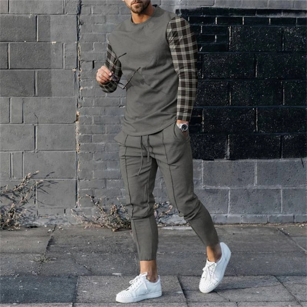 Men Long Sleeve T Shirt Pants Tracksuits 2 Piece Sets Sweatshirt Sweatpants Suits Print Tops Trousers Sportswear Men\'s Clothing