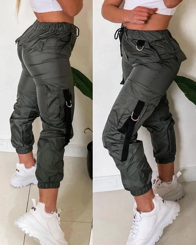 

Women's Cargo Pants Fashion 2024 Autumn Casual Tape Patch Pocket Design Cuffed Pants Streetwear High Waist Trousers for Female