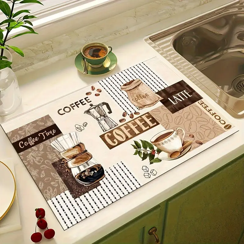 VIKAMA Kitchen Utensil Draining Mat Retro Collage Coffee Themed Absorbent Non Slip Mat Coffee Machine Countertop Home Decor