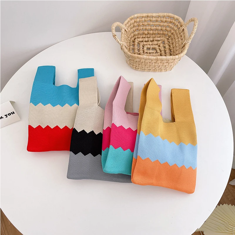 Summer Rainbow Patchwork Knitted Handbags Hand held Shoulder Tote Bags Entertainment Leisure Bags Wrist Bags Can Be Customized