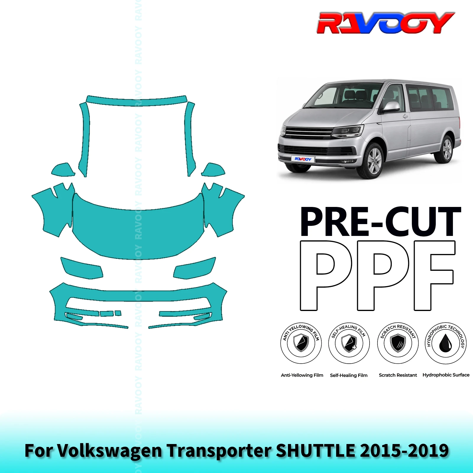 For Volkswagen Transporter SHUTTLE 2015-2019 Full Front 8.5Mil Pre-Cut Paint Protection Film PPF Clear Bra Kit Clear/Matte/Black