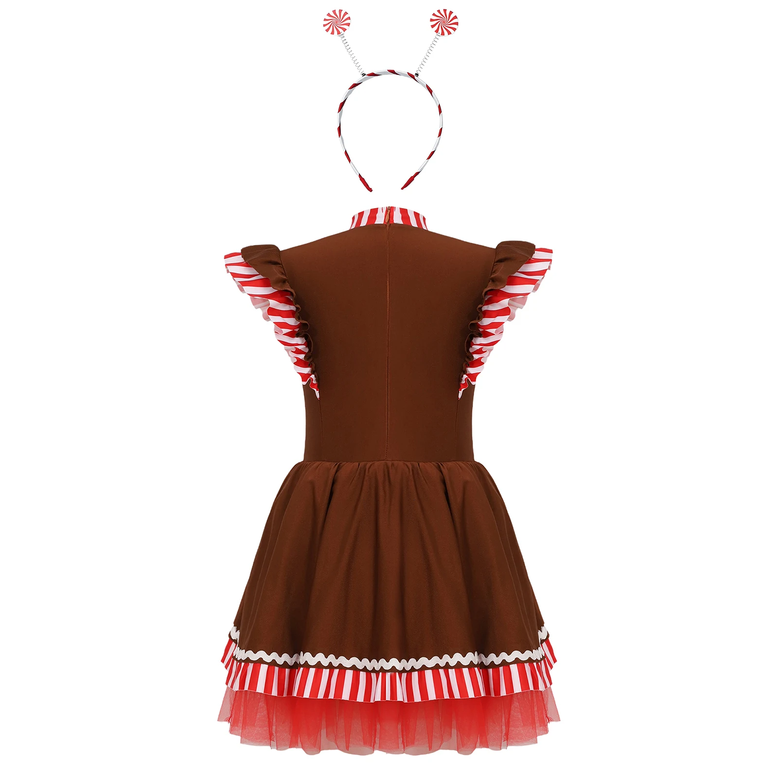 Children Girls Christmas Gingerbread Man Costume Xmas Carnival Party Striped Tutu Dance Leotard Dress with Lollipop Hair Hoop