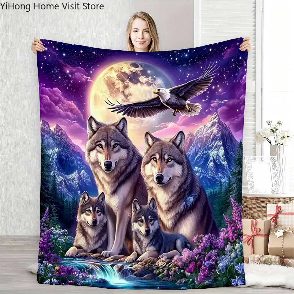 Wolf Eagle Pattern Flannel Warm Throw Blanket Home Lunch Break Blanket For Couch Sofa Office Bed Camping Trave Blanket