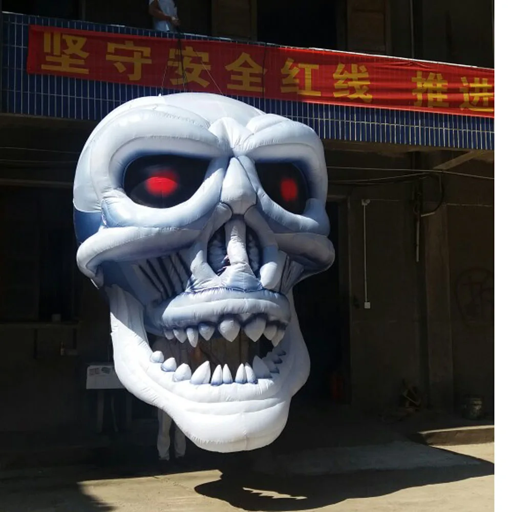 Printed Giant Inflatable  Outdoor Hanging Skull Head with Lights Ghost Skeleton Air Model Toy For Halloween Festival Decoration