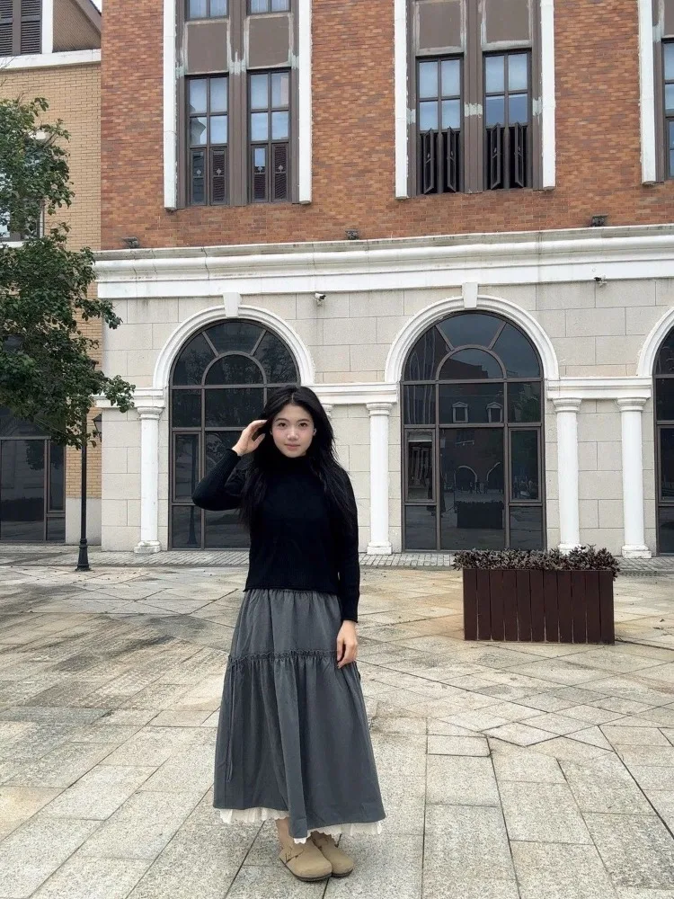

Topanoma Skirts Women Vintage Lace Patchwork Autumnn Winter Stretch High Waist Sweet Elegant Long Skirt Female Sweet Casual
