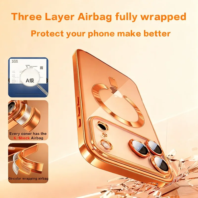 Fashion Orange Magnetic Clear Case For iPhone Air 17 16 15 14 13 12 11 Pro Max Plus Wireless Charge Plating Soft Business Cover - náhled 5