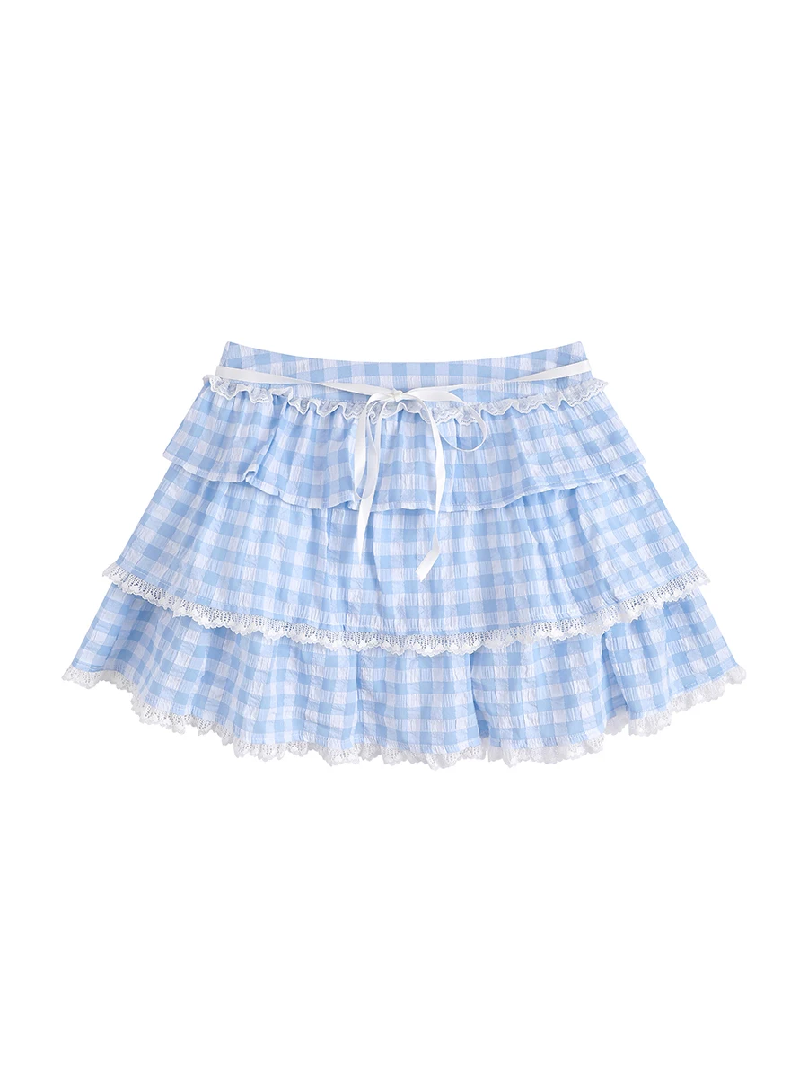 Women s Plaid Print Mini Skirts Tie-up Waist A-Line Skirts Swing Layered Ruffle Skirts