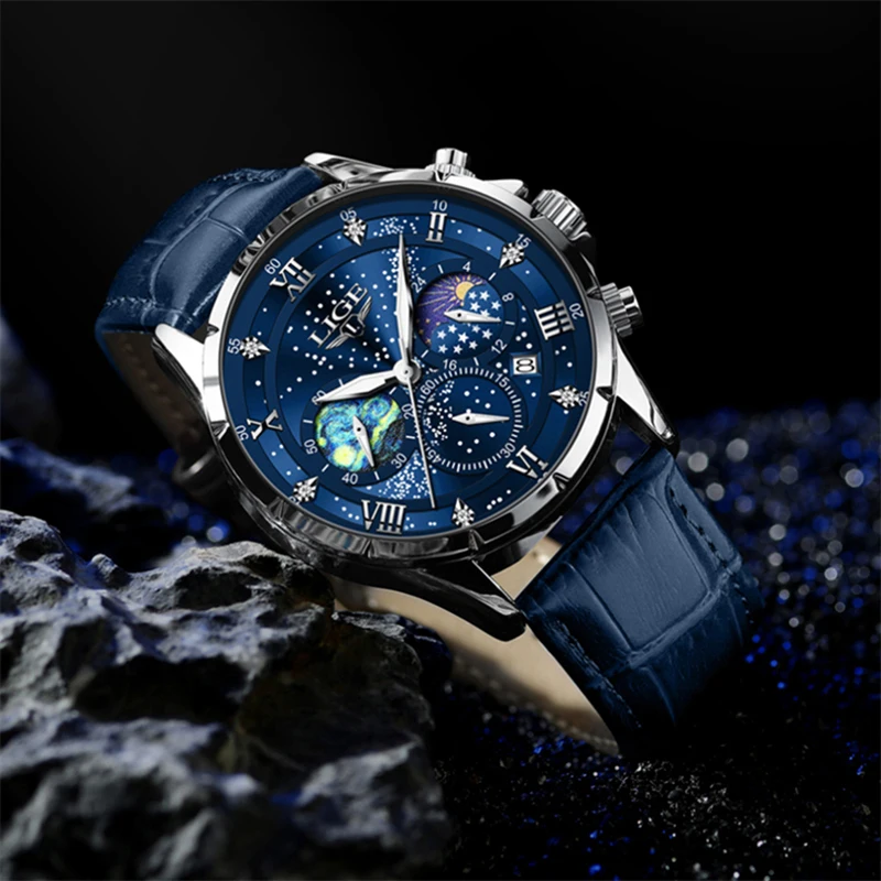 LIGE New Men's Waterproof Watches Fashion Military Sports Leather Watch for Men Casual Luminous Quartz Chronograph Male Clock