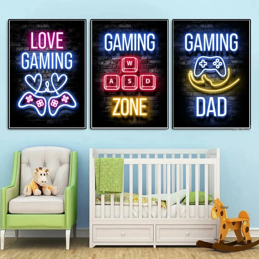 Neon Gamepad Game Zone Poster Aesthetic Cat Dog Canvas Painting Wall Art Home Gamer Office Decor Retro Gaming Room Decoration