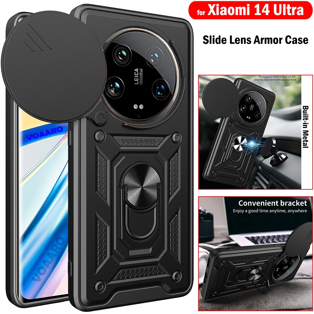 Slide Lens Push Window Armor Funda for Xiaomi 14 Ultra Case for Xiaomi Mi 14 Ultra 5G Case Magnetic Ring Stand Holder Back Cover