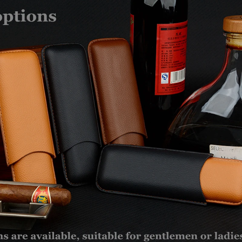 Black Cigar Case  Leather Cigar Holder Black Travel Humdor Fit 2 Tubes 50R Tobacco  Box Exellent Smoking Accessory for Men