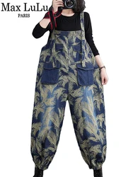 Max LuLu 2024 Fall Womens Leisure Overalls Loose Vintage Classic Oversized Denim Pants Printed Ladies Wide Floral Harajuku Jeans