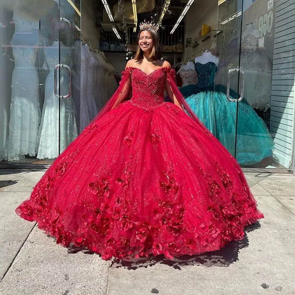 Lorencia-vestido rojo de Quinceañera de México, apliques de flores florales en 3D, corsé con capa, dulce 16 15, Vestidos XV Años YQD457