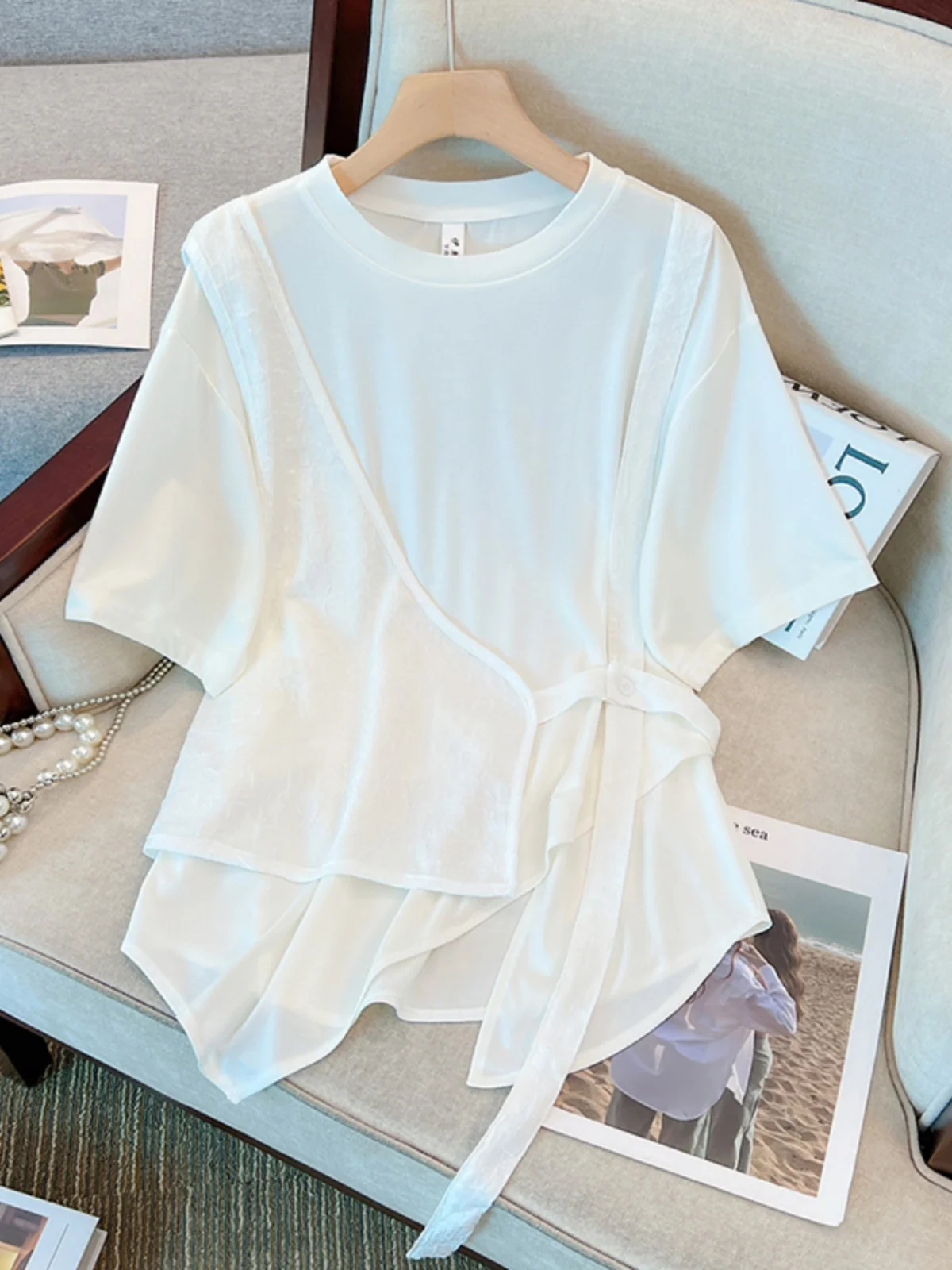 Summer New plus Size Women's T-shirt Irregular Short Sleeve Belly Covering Base Shirt Slimming Unique Personality Top
