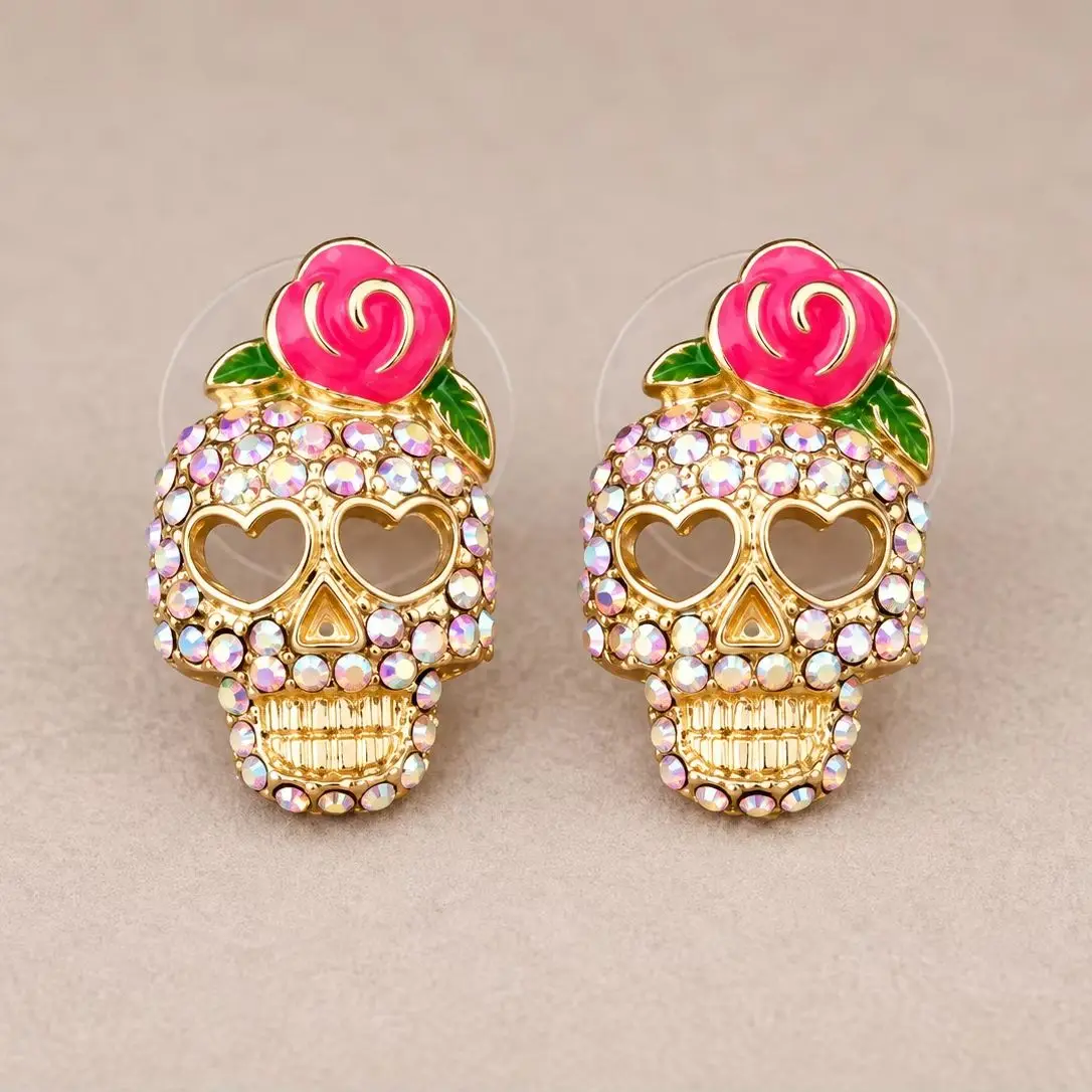 Neue Europa Und Amerika Übertrieben Vintage Strass Kristall Skeleton Schädel Ohrringe Für Frauen Mode Punk Ohr Schmuck Brincs