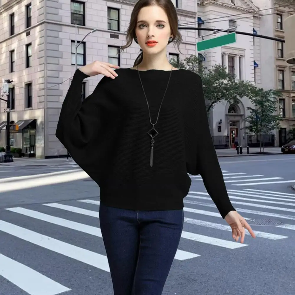 Women Sweater Solid Color Batwing Sleeve Sweater Elegant Batwing Sleeve Women's Sweater Knit Top for Spring/autumn Loose Fit