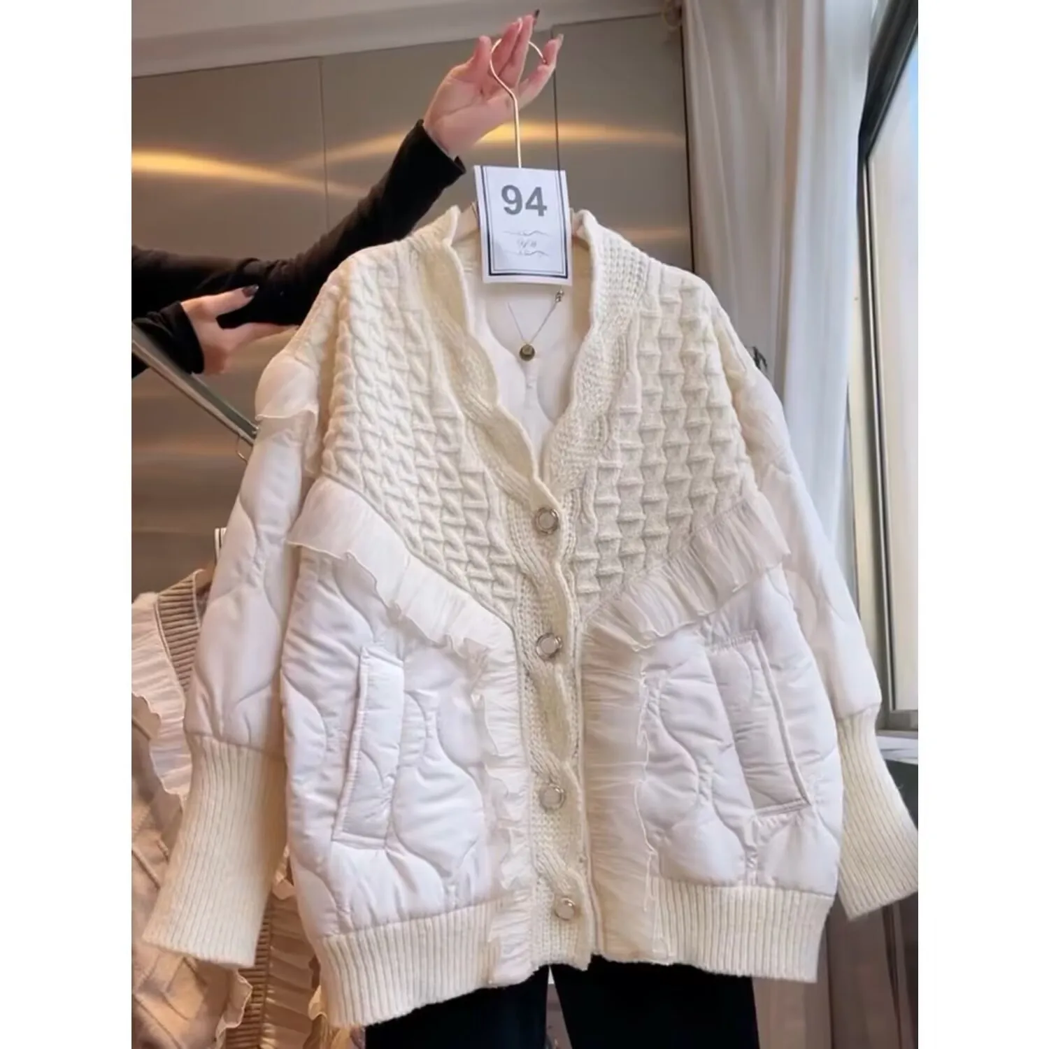 Womens Cotton Coat V-neck Lace Patchwork Sweater  Winter