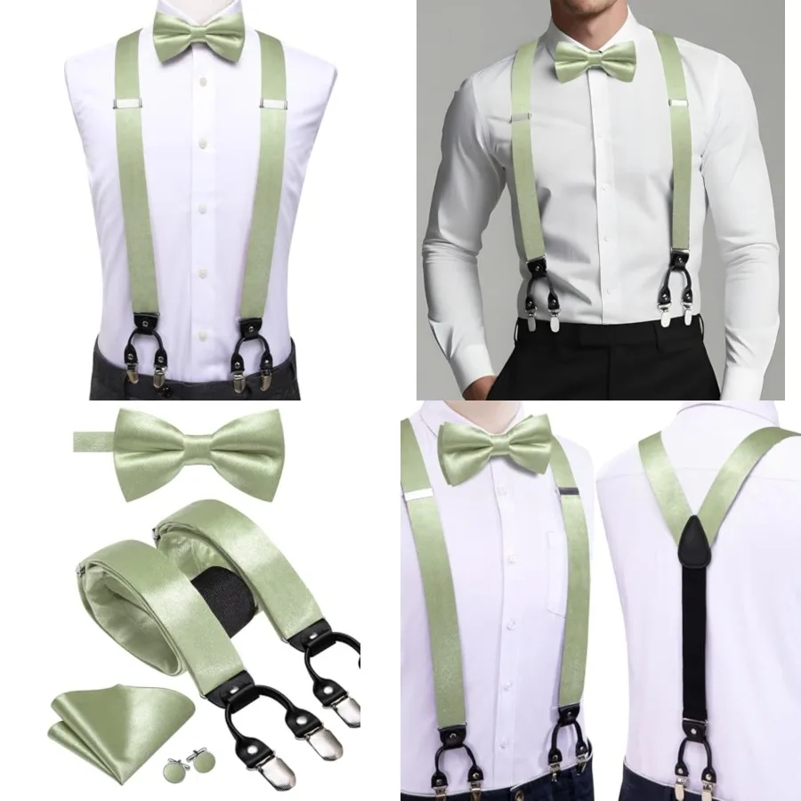

Suspender and Bow Tie for Men Paisley Solid Mens Suit Braces Pretied Bowtie and Handkerchief Cufflinks Formal Wedding, Beige Sage Green
