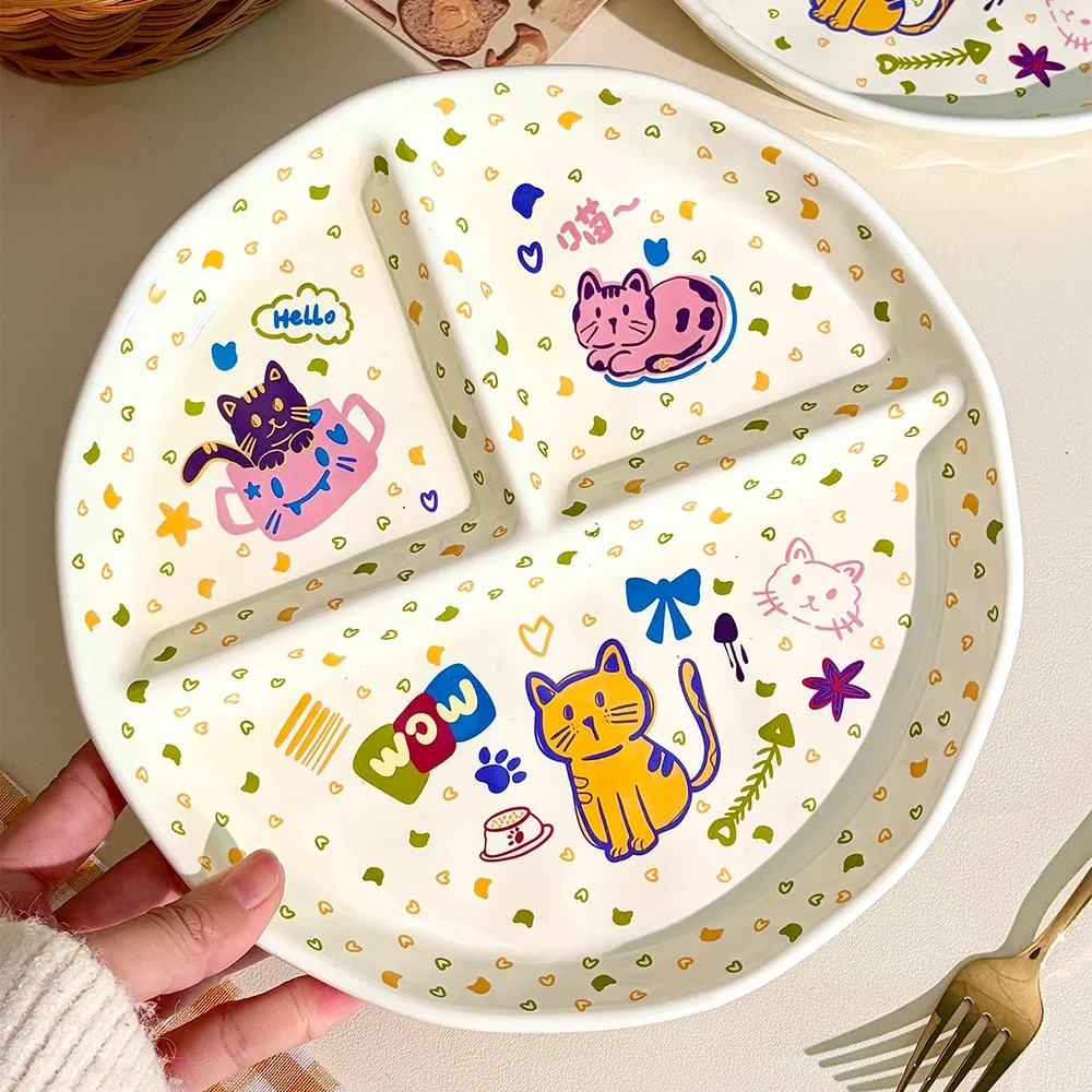 Cute Cartoon Ceramic Divided Plate Chic Underglaze Colour Three Grid Partition Dining Breakfast Plates Kids Home Tableware