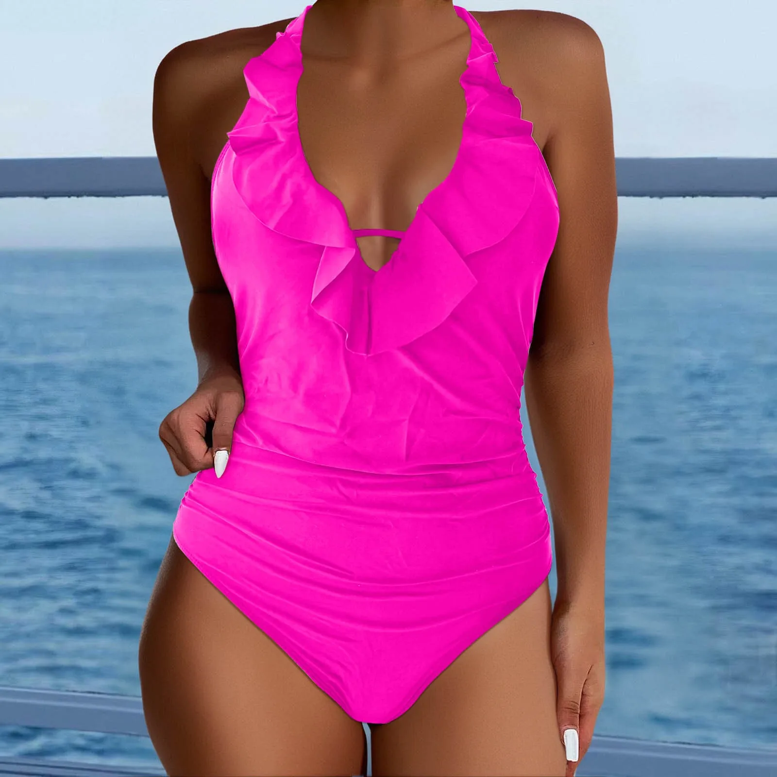 Women's Summer One-Piece Swimsuits Deep V Halter Sexy Slim-Fit Swimsuit Solid Color Bikini Fashion Swimwear Beach Style Swimsuit