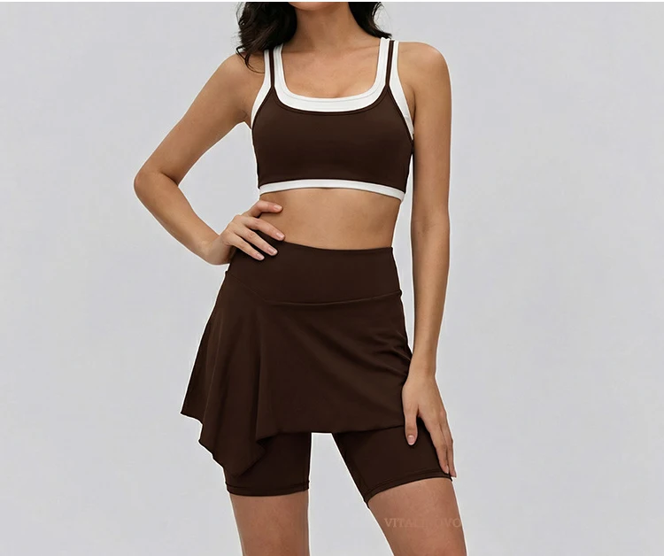 VITALINOVO Damen 2-teiliges Tennisrock-Set Hochgeschnittenes Rüschen-Golf-Outfit Skort Quadratischer Ausschnitt Sport-BH Athletisches Kleid Pickleball – Detail 2