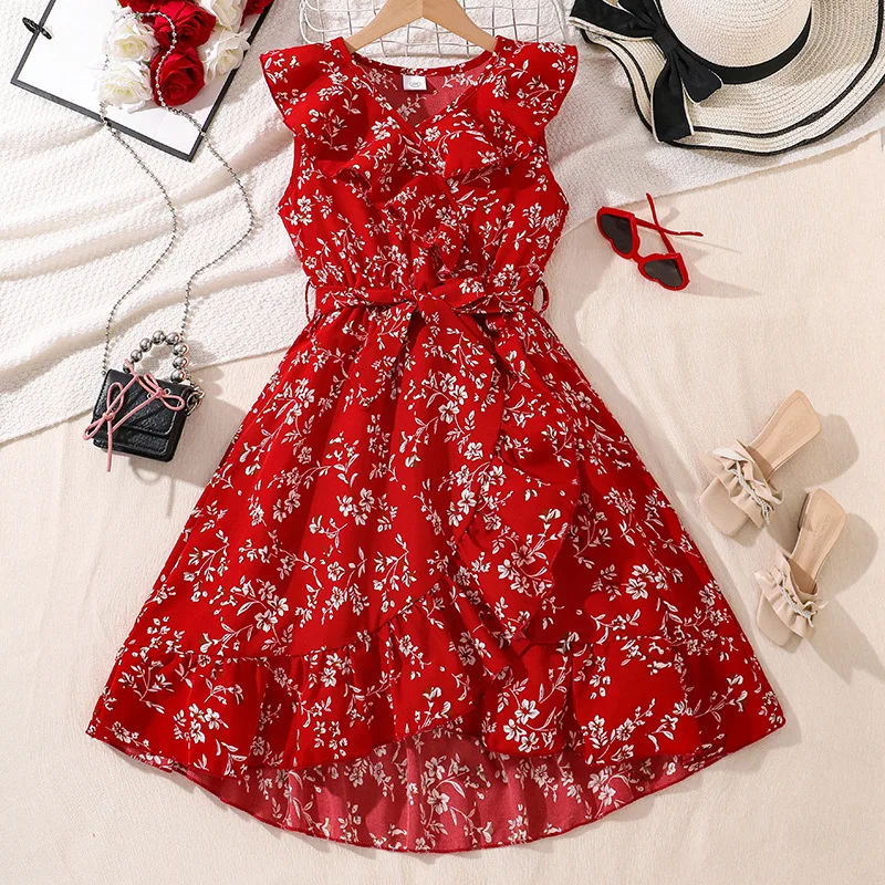 2025 New Arrival Girls Sleeveless Ruffles Print Floral Red Infantil Menina Cute Holiday Night Party Princess Dress Custume 8-12T