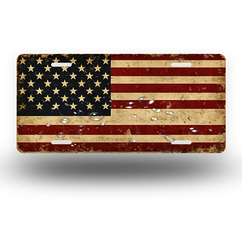 HD Aluminum Metal Sign, Vintage American Flag License Plate Style Wall Decor, Retro USA Patriotic Tin Poster for Home Bar Garage