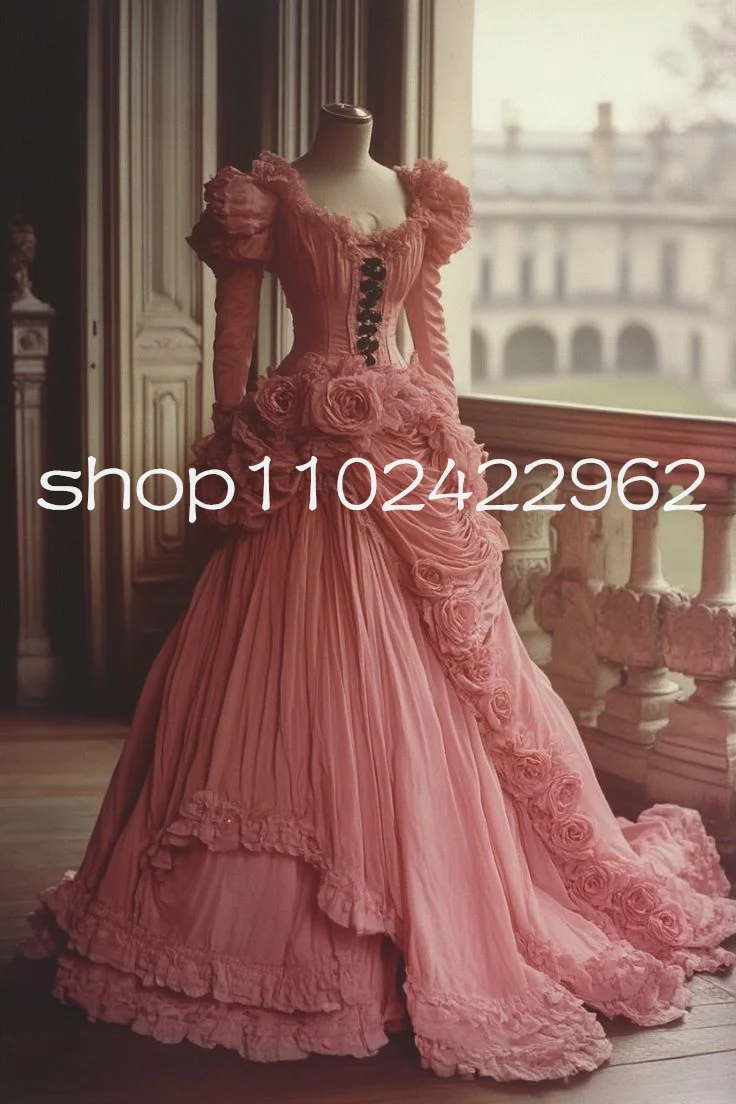 Pink Princess Victorian Lolita Evening Dresses Ruffles Long Sleeve Corset Lace-up 3D Rose Belle Fairy Prom Gown Customsized