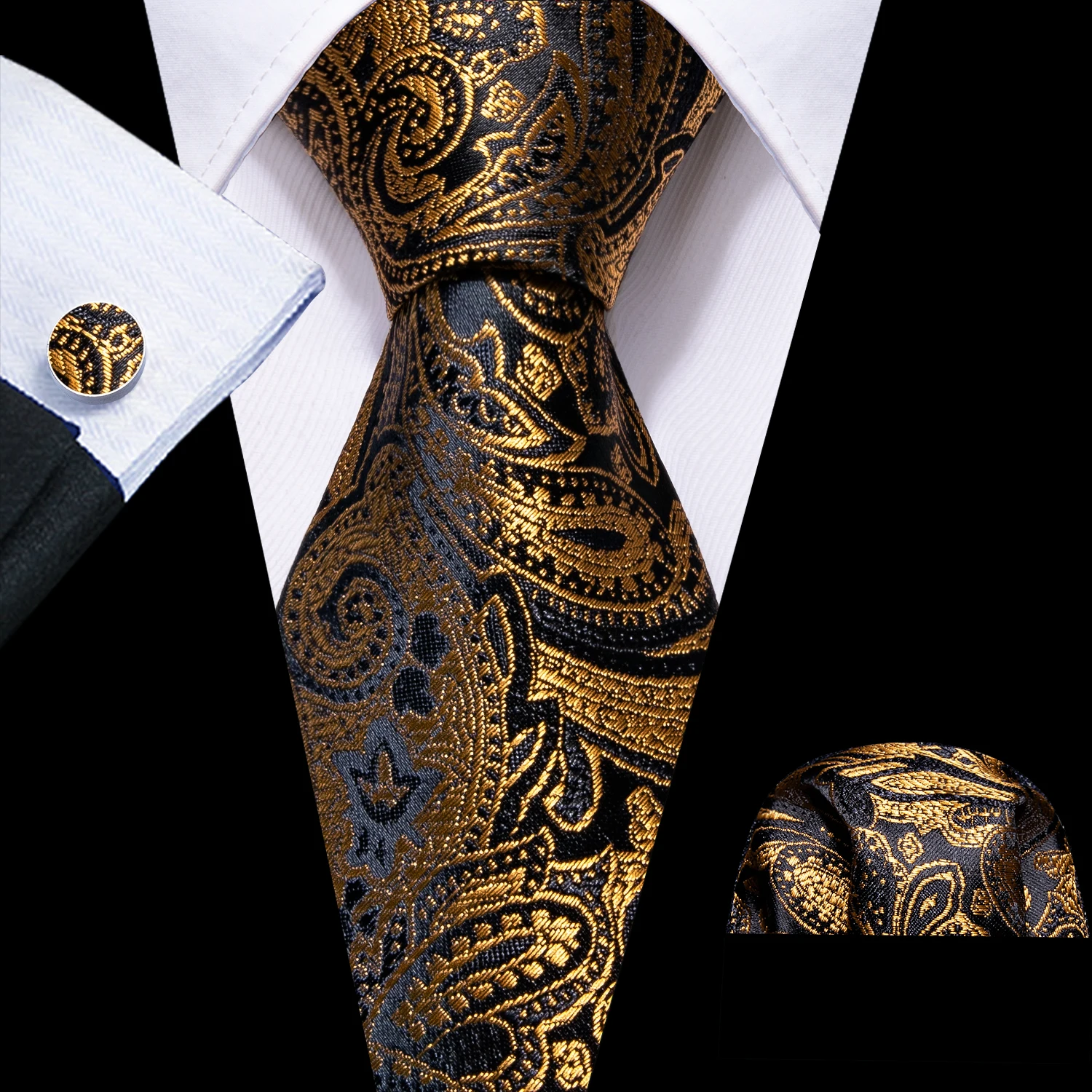 Corbata de diseñador para hombre, corbata de Jacquard, conjunto de gemelos cuadrados de bolsillo, Floral negro dorado para hombre, regalo de fiesta de negocios de boda