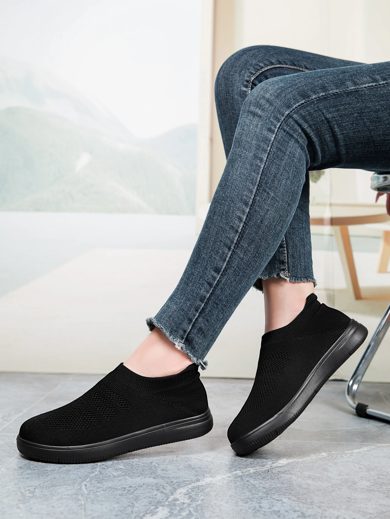 Damen-Socken-Sneaker, Slip-On, atmungsaktive Flying-Knit-Schuhe, weich, rutschfest, leicht, flache Walking-Loafer, Damen-Büro- und Alltagsschuhe – Detail 1
