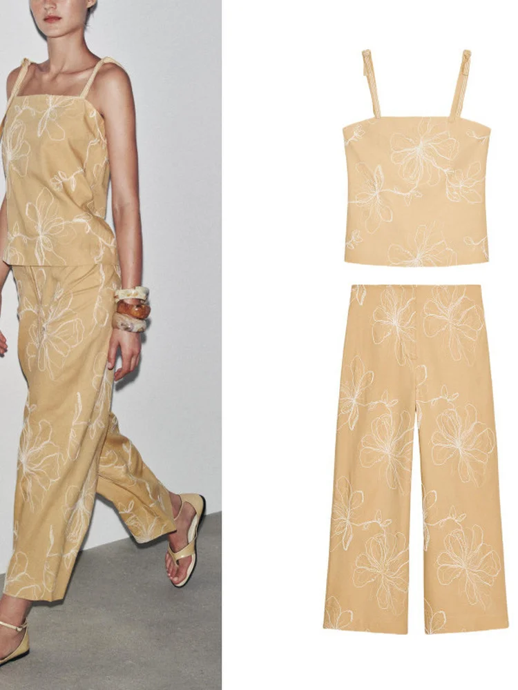 

Summer New Fashion Embroidered Strap Top And High Waist Wide Leg Pants Women's Set Stylish Casual Outfit Two Pieces Ensemble