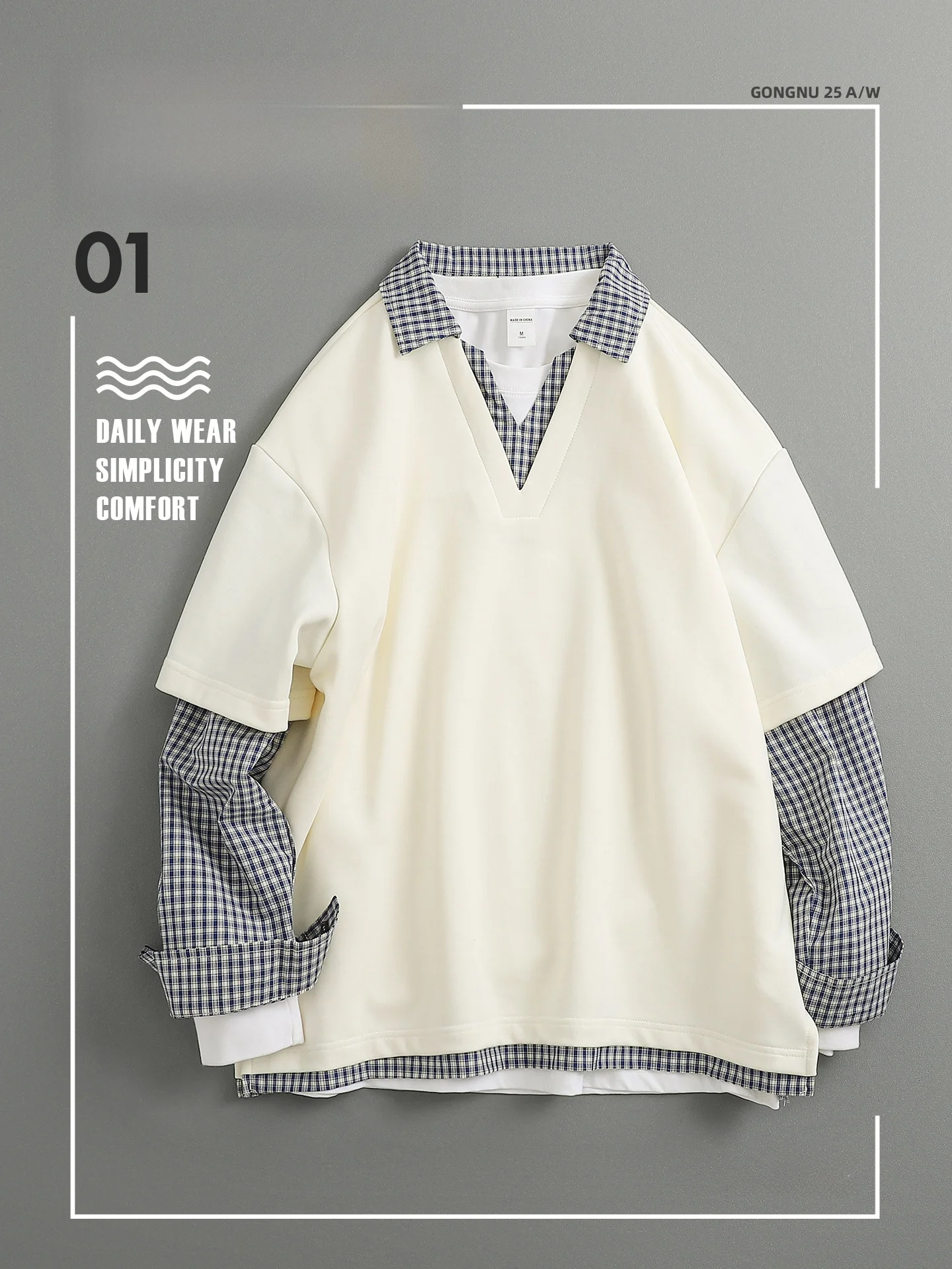 

Autumnal Casual Japanese Sle Faionable Retro Plaid Patchwork V-Ne Sweatirt Men's Loose Fit Youthful Trend Cotton Poly...