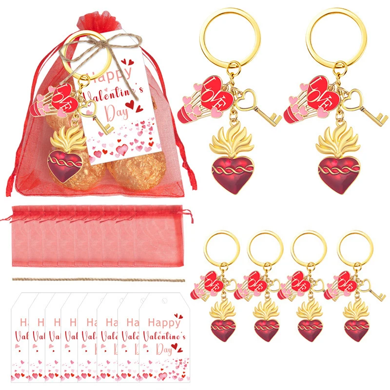 6 مجموعات من هدايا عيد الحب للأزواج، 6 سلسلة مفاتيح على شكل قلب، 6 علامات ملصقات للهدايا، 6 أكياس أورجانزا حمراء، هدايا تبادل الزوجين #1