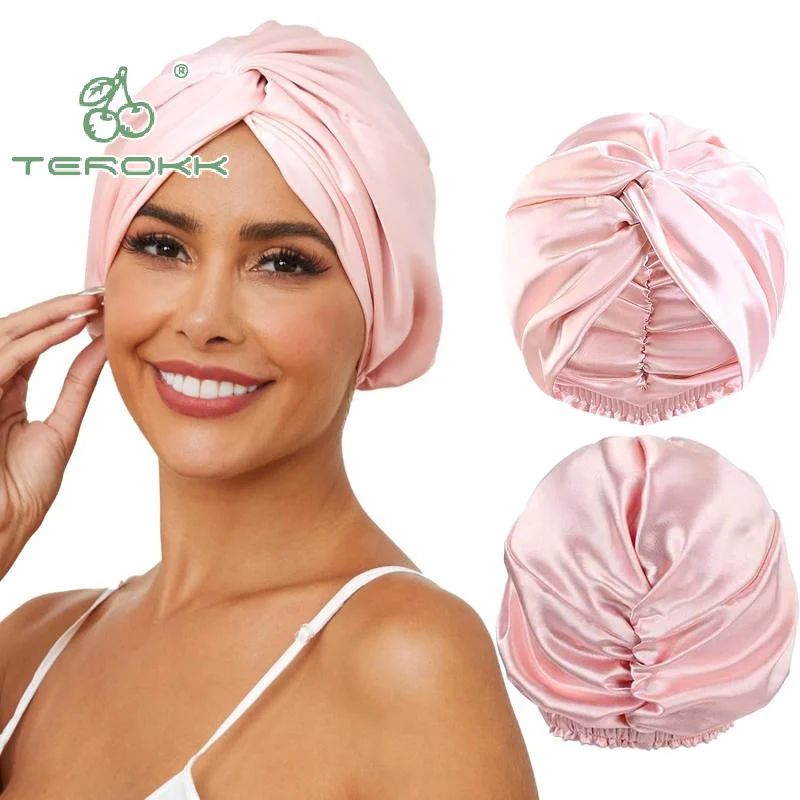 Gorro de dormir liso de satén para mujer, gorro de dormir de noche de doble capa para mujer, gorros de ducha, gorros de pelo impermeables para dormir