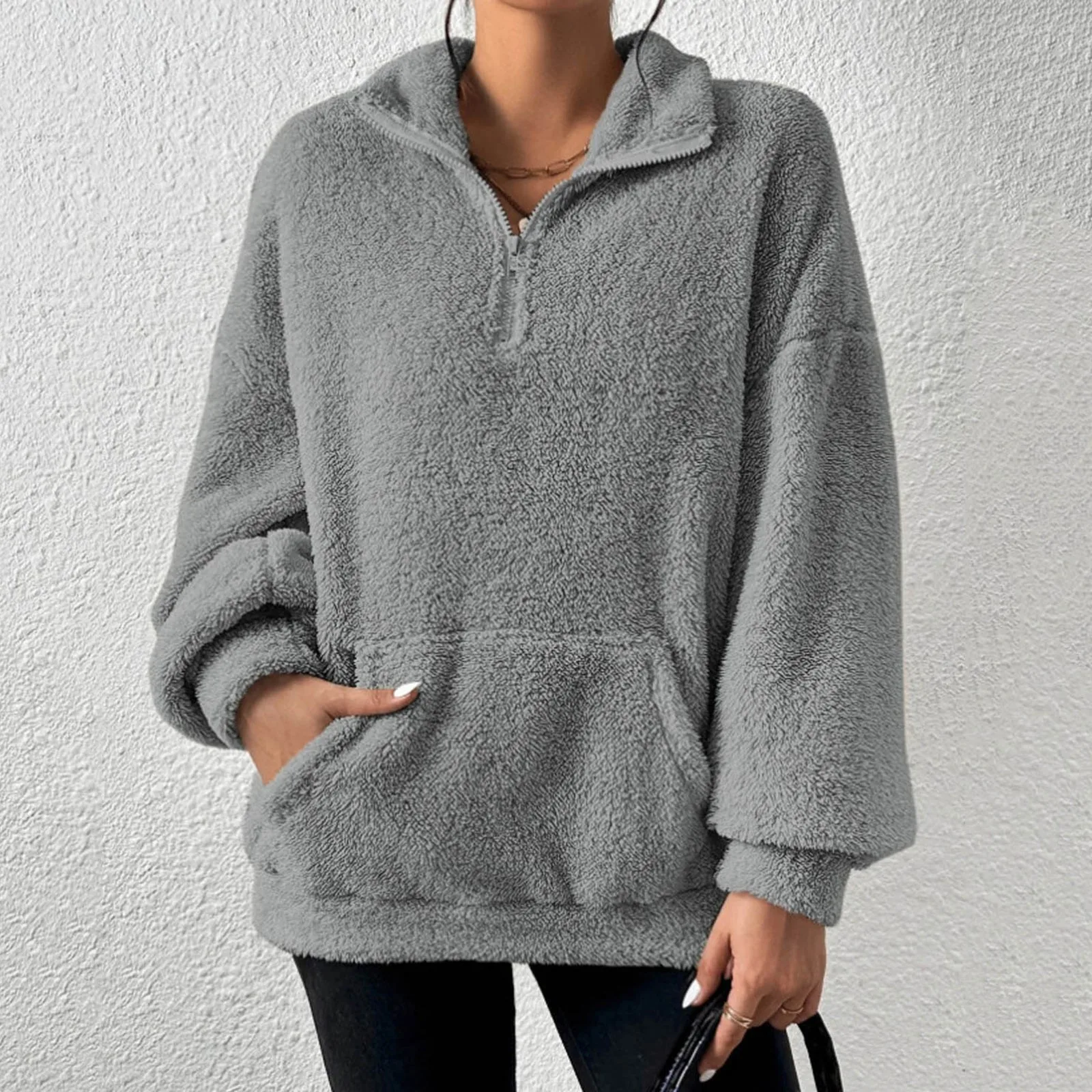 Gray Plush Sweatshirt For Women Zipper Stand Collar Loose Pullovers Tops Autumn Winter Female Hoodies Bluza Damska