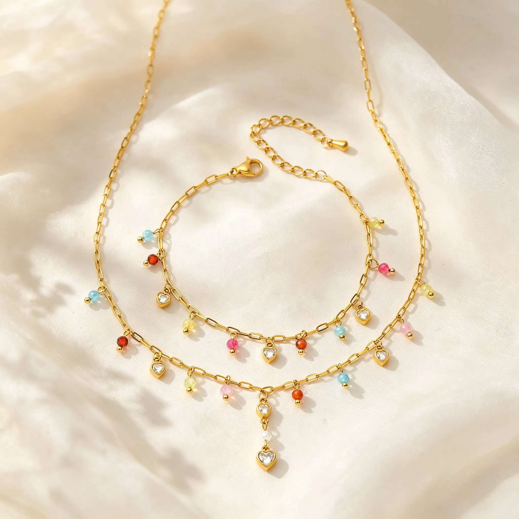 Heart Zircon Colorful Beads Tassel Charm Bracelet for Women, Stainless Steel Paperclip Link Chain Bracelet, Aesthetic Jewelry