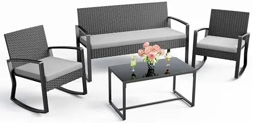 

4-Piece Wicker Patio Furniture Set with Glass Coffee Table, Grey