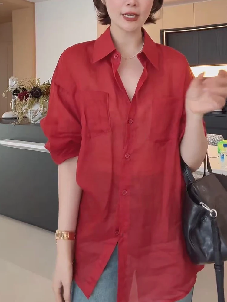 

plus Size Red Linen Long Sve irt Women Summer Loose Slimming Lazy Lightweight Sun Protection Outerwear Top