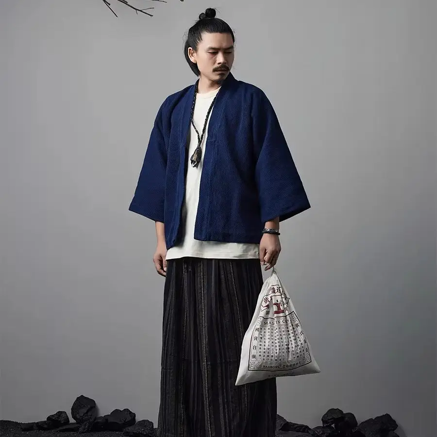 

Халат цвета индиго, японское повседневное свободное универсальное кимоно на плечах, рубашка с рукавом три четверти в стиле ретро, куртка, рабочая одежда